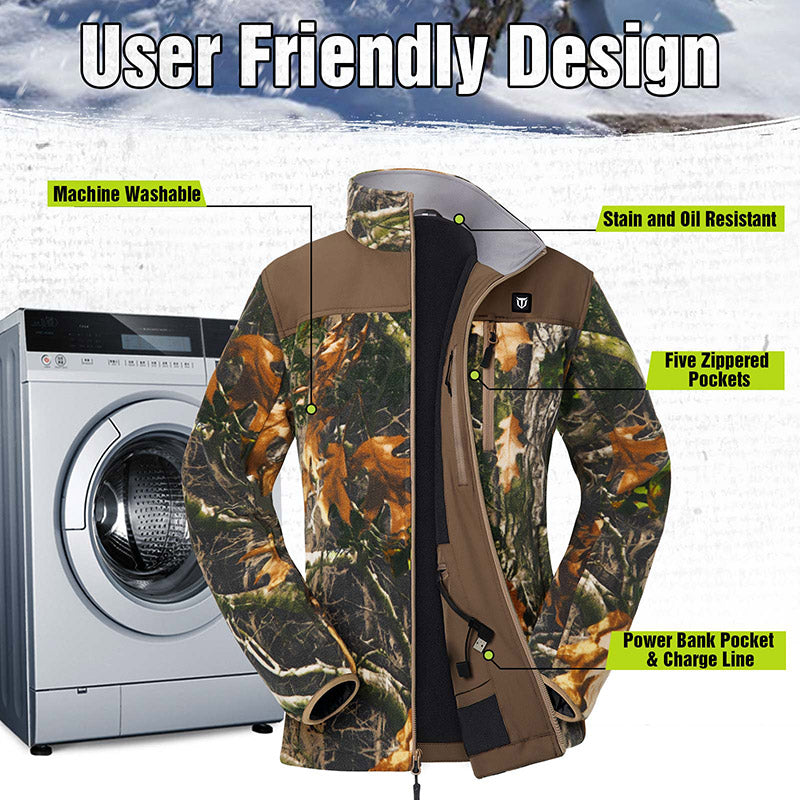 TIDEWE Women’s Heated Jacket Fleece with Battery Pack, Rechargeable Coat for Hunting - Jacket with camouflage pattern in front of a washing machine.