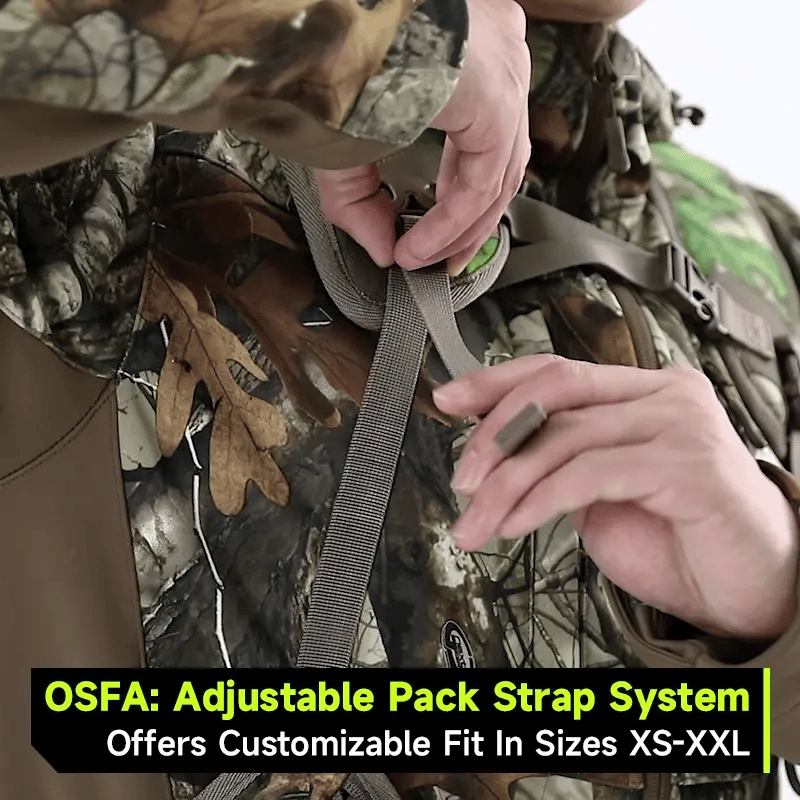 Adjustable turkey vest with seat, game pouch, and kickstand. Large capacity, ergonomic design, and trusted quality for ultimate hunting experience.