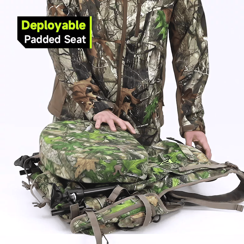 Adjustable turkey vest with seat, large game pouch, and kickstand for customizable fit and comfort on hunting trips.