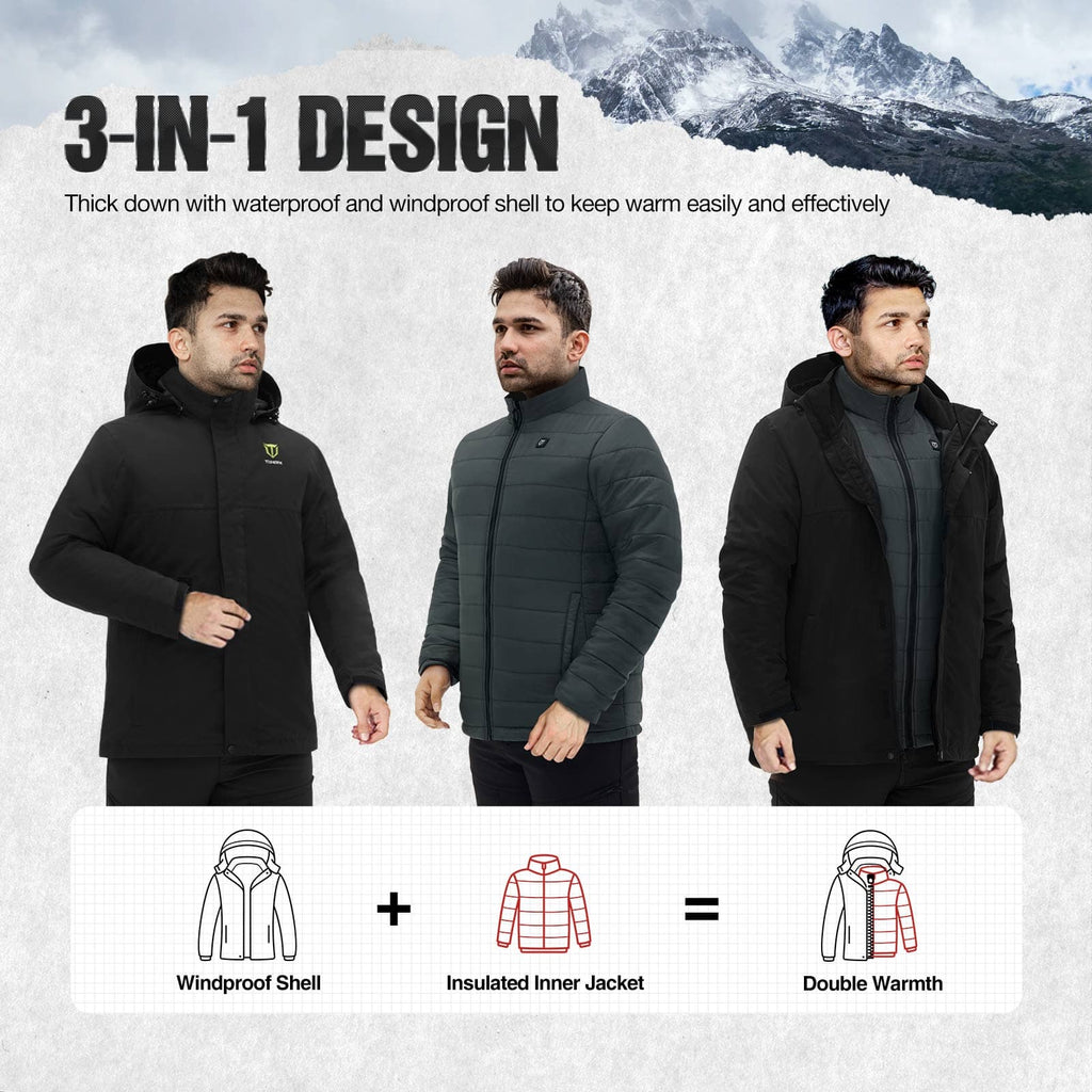 Men wearing winter jackets, one with a black coat, another in a jacket, and a man in a black coat, showcasing TideWe Men's 3-in-1 Heated Jacket with Battery Pack, Ski Jacket Winter Coat.
