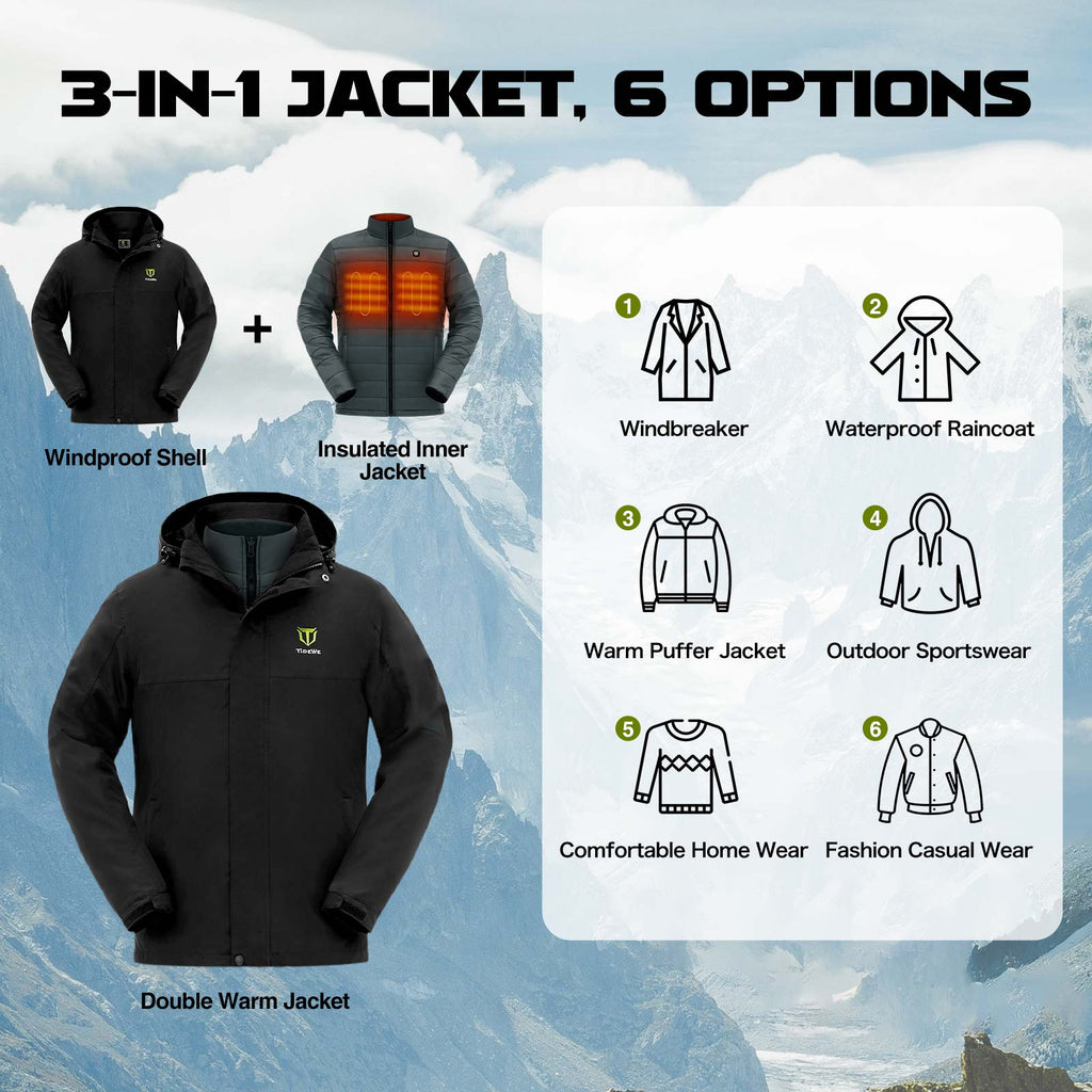 TideWe Men's 3-in-1 Heated Jacket with Battery Pack, Ski Jacket Winter Coat: Versatile design with adjustable heat settings for all outdoor activities.