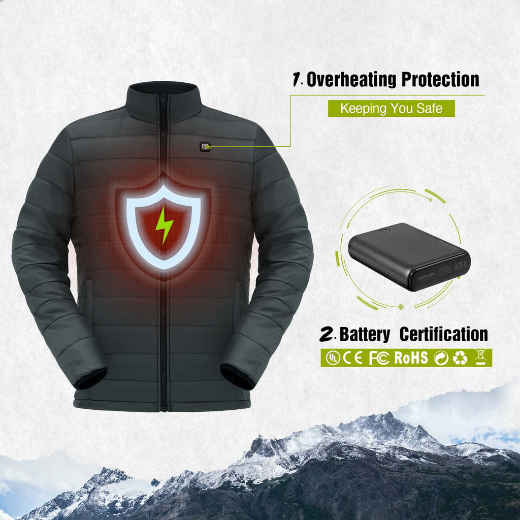 Men's 3-in-1 heated jacket with battery pack, featuring adjustable heat settings and waterproof design for outdoor activities.
