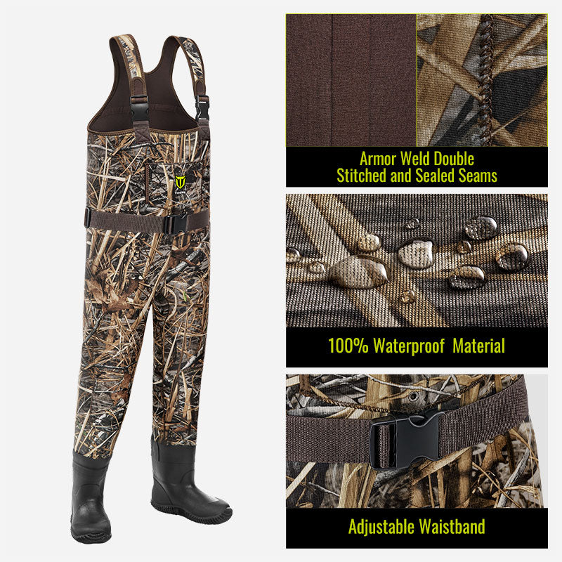 TideWe Hunting Chest Waders for Toddler Kids Youth, Fishing Neoprene Waders: Close-up of suit, camouflage shorts, water drops on fabric surface.