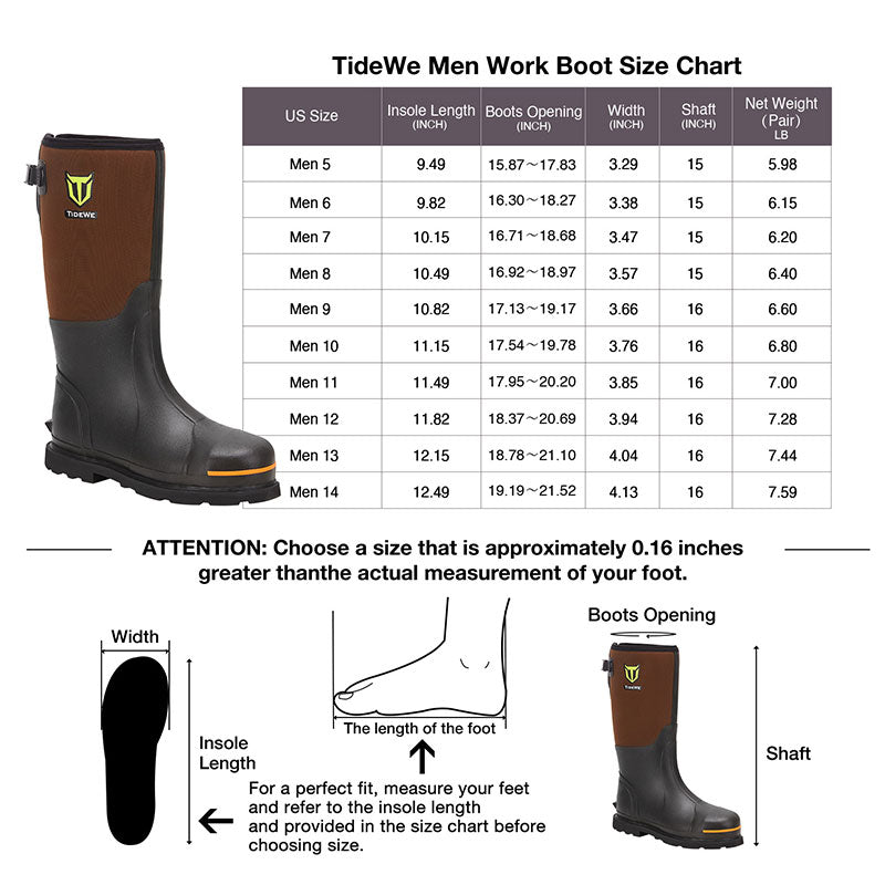 TideWe Rubber Work Boots with steel toe, shank, waterproof neoprene, and reinforced protection. Size chart for perfect fit.