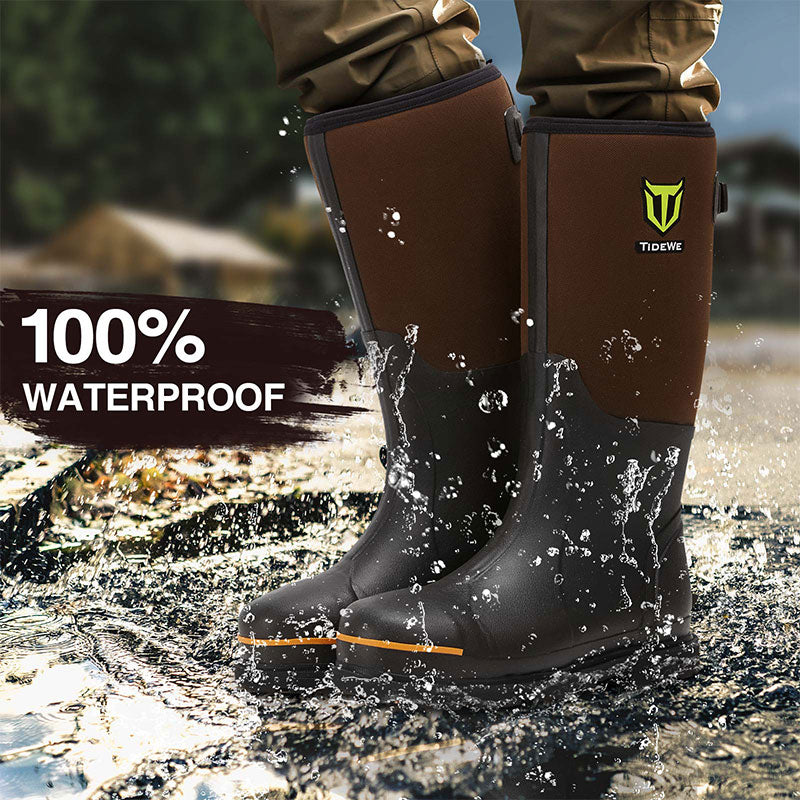 Person in TideWe Rubber Work Boots with steel toe standing in water puddle, close-up of pants and bag, outdoor setting.