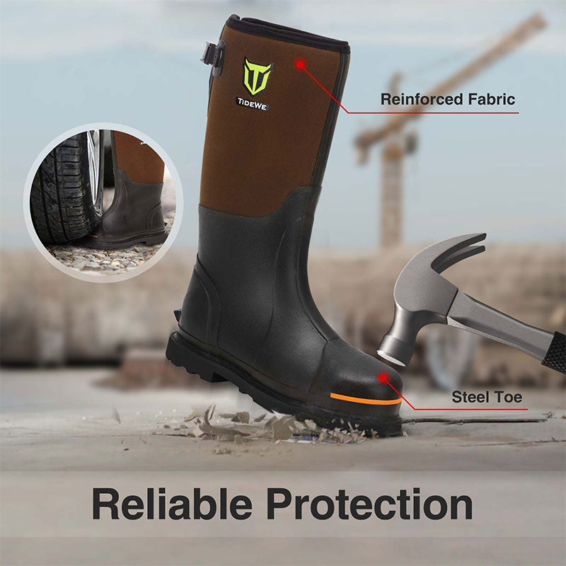TideWe Rubber Work Boots for Men with Steel Toe & Shank, Waterproof Hunting Boots, Warm 6mm Neoprene Hunting Mud Boot Size 5-14 - Close-up of a protective steel-toe boot with reinforced rubber shell for reliable foot protection.
