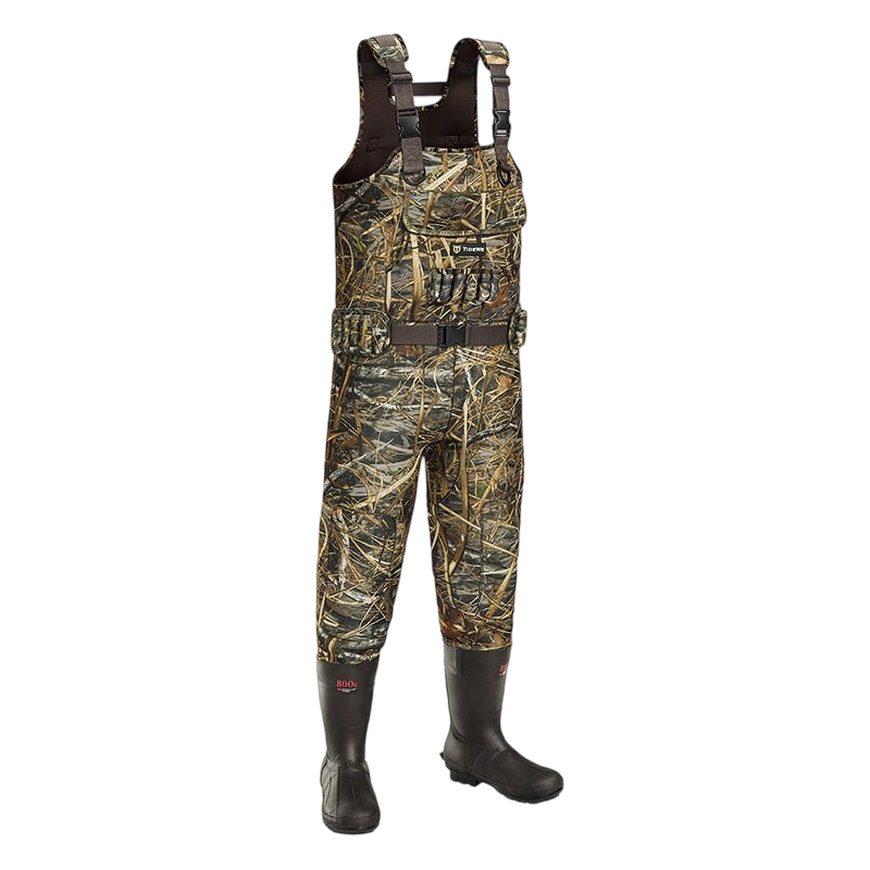 TideWe Hunting Wader Waterfowl Waders (600G & 800G) for Men Women: Camouflage overalls with built-in insulated rubber boots, adjustable suspenders, and chest pocket, ideal for hunting and fishing.
