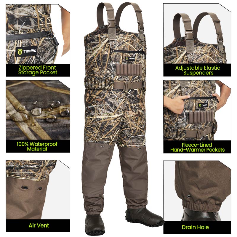 TideWe insulated chest waders with steel shank boots, camouflage clothing, bags, and person's leg.