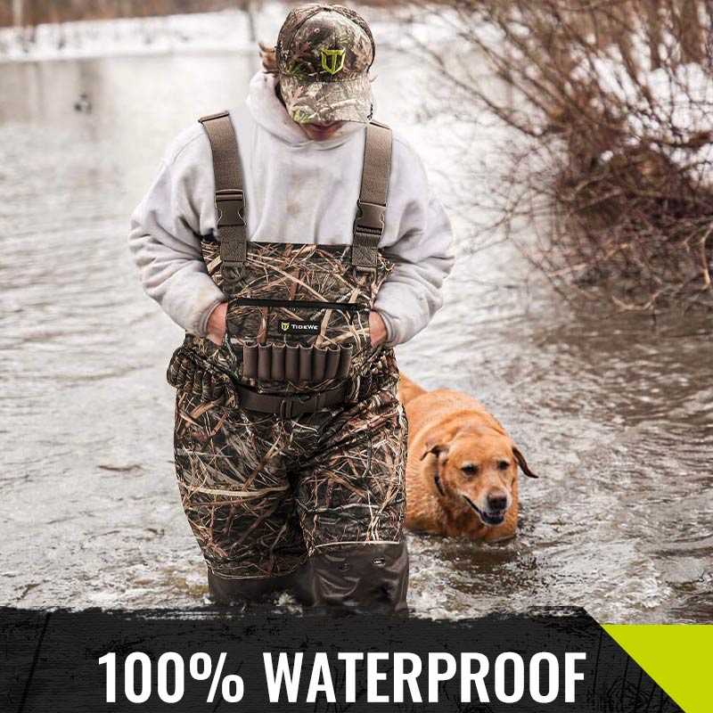 TideWe® Breathable Insulated Chest Waders with man in camouflage and dog in water, featuring 1600G Waterproof Bootfoot Duck Hunting Waders.