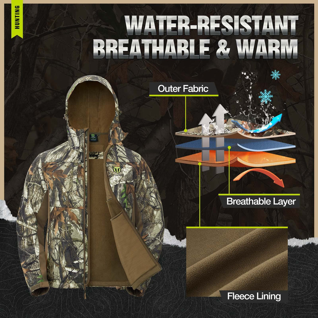 TideWe Men's Hunting Clothes: Camo jacket with hood, 9 pockets, water-resistant, user-friendly design for stealthy hunting.