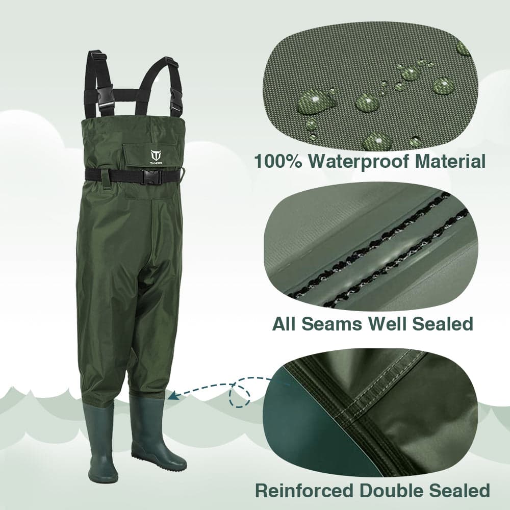 TideWe Chest Waders for Kids with PVC boots and straps, person in green rain suit and rubber boots, close-ups of fabric and boots.