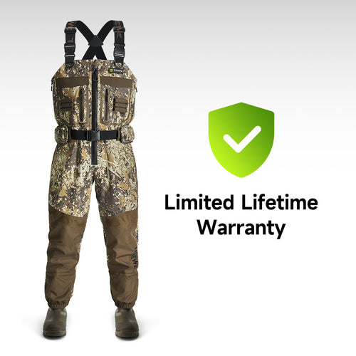 DeepWade Zipped Duck Waterfowl Hunting Breathable Chest Waders featuring camouflage design, adjustable X-back suspenders, and reinforced areas for durability.