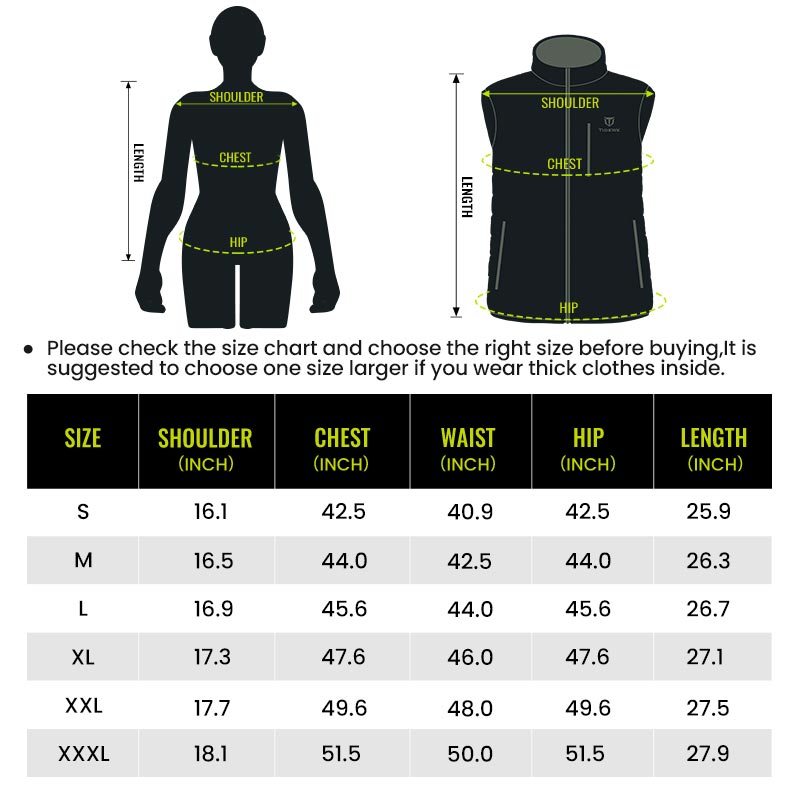 size information for women's heated vest