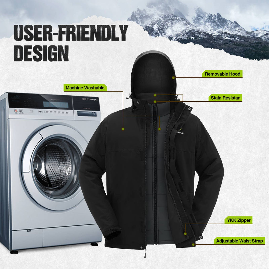 Person wearing TideWe Men's 3-in-1 Heated Jacket with Battery Pack, Ski Jacket Winter Coat, standing next to washing machine.