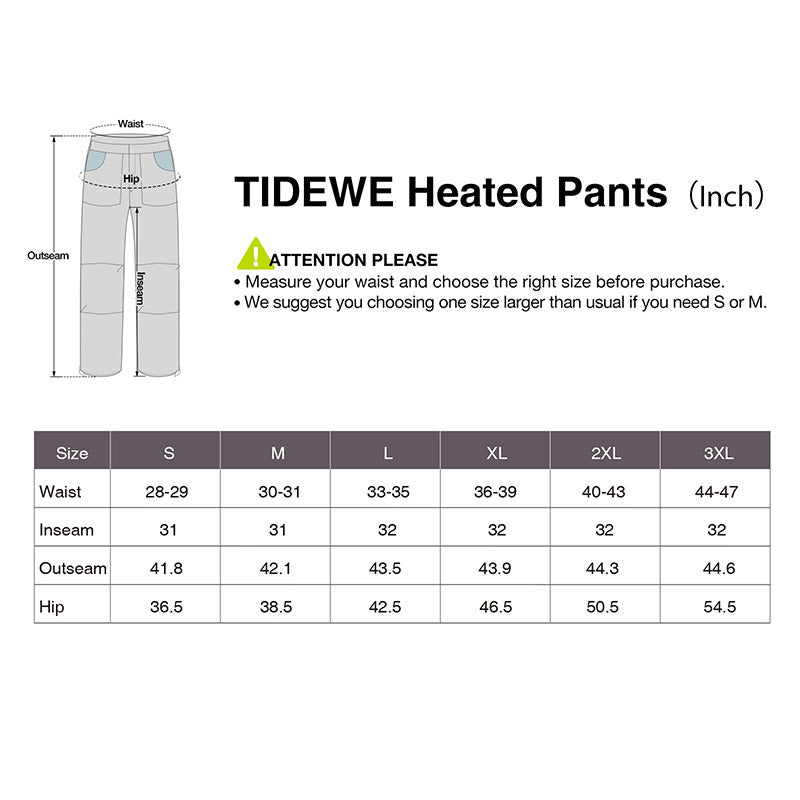 TideWe hunting pants size chart and drawing of pants for men with battery pack.