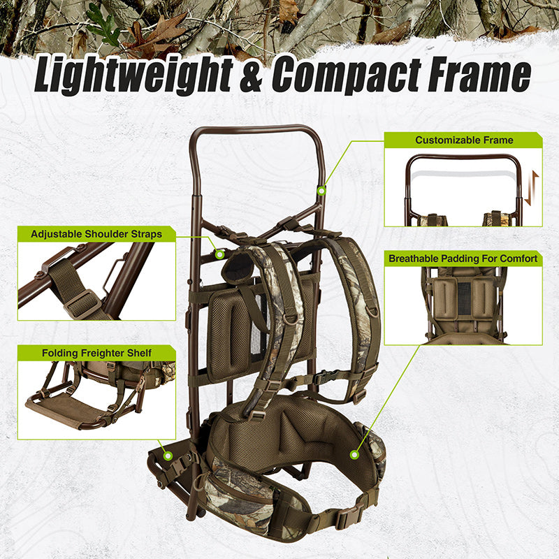 TideWe Hunting Backpack External Frame 5500cu with Rain Cover, a collage of a seat, frame, backpack, and strap.