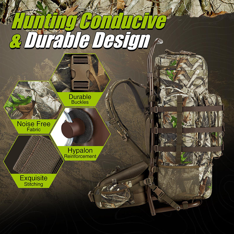 TideWe Hunting Backpack External Frame 5500cu with Rain Cover, a camouflage backpack with large capacity and ergonomic design.