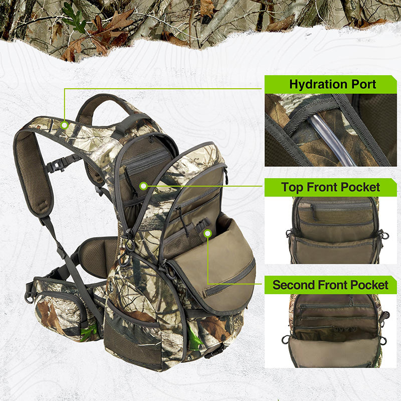 TideWe Hunting Backpack with rain cover, durable design for outdoor use, ergonomic and user-friendly features, organized storage for hunting gear.