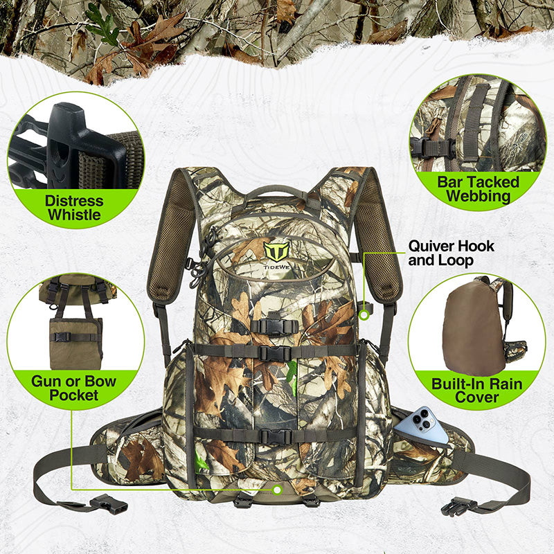 Hunting backpack with various compartments, gun, video game controller, and cell phone. Durable, comfortable, and organized design features.