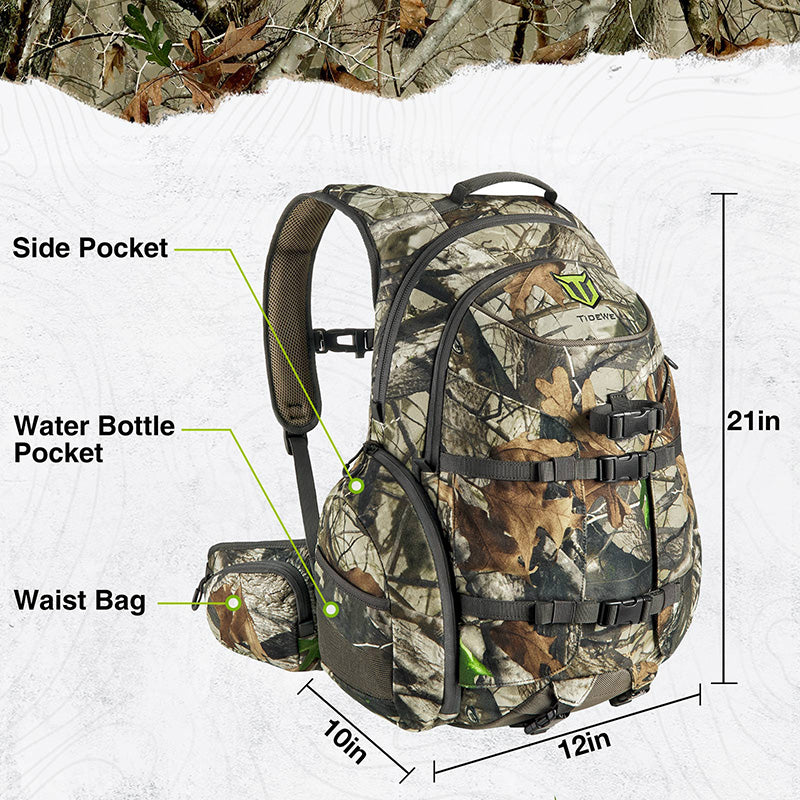 TideWe Hunting Backpack with rain cover, durable design, ergonomic support, user-friendly features, and organized storage for hunting gear.