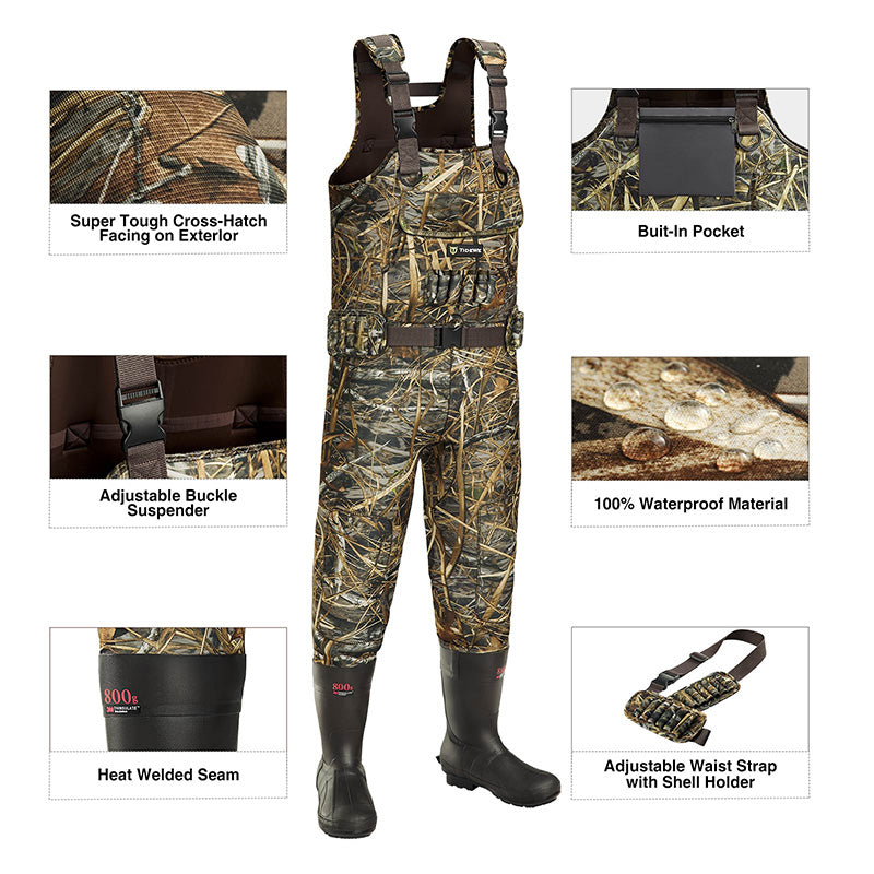 TideWe Hunting Wader Waterfowl Waders image: collage of clothing, camouflage pants, brown fabric, black object, strap, and cylinder.