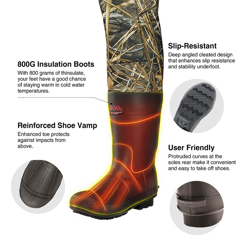 TideWe Hunting Wader Waterfowl Waders (600G & 800G) For Men Women - Close-up of sturdy, waterproof boot with insulated rubber sole for hunting and fishing adventures.