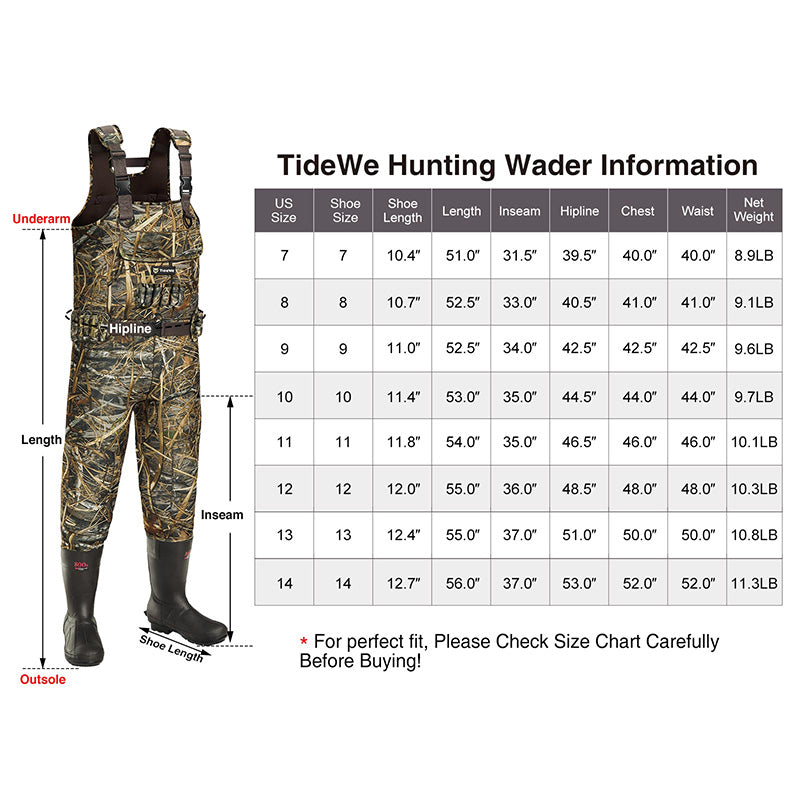 Tidewe hunting wader size chart