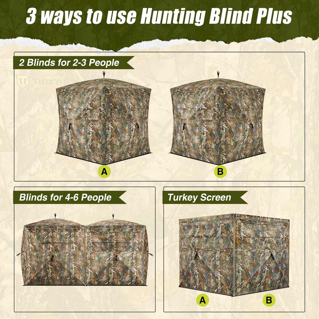 TideWe 4-6 Person Turkey Hunting Blind with See Through Camo Ground Blind, featuring a camouflage tent with multiple doors and spacious design.