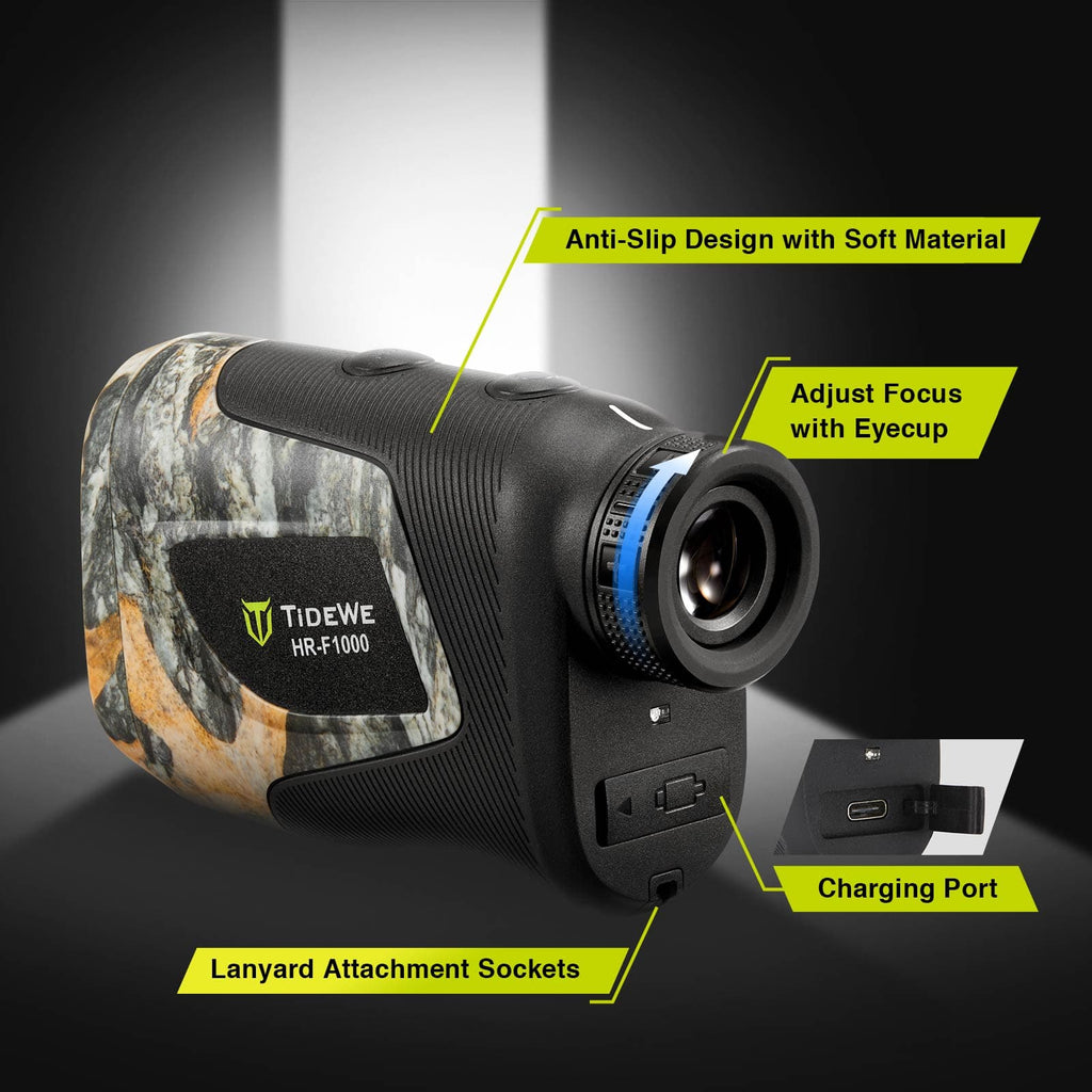 Close-up of TideWe Camo Deer Hunting Rangefinder 700/1000Y Laser Range Finder, showing camera lens and logo.