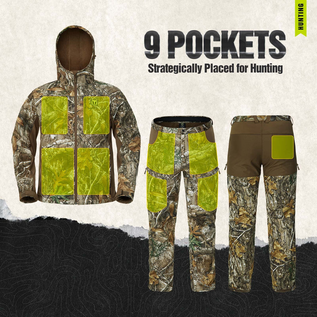 TideWe Men's Hunting Clothes: Camo pants and jacket with 9 pockets, water-resistant, user-friendly design for stealthy hunting.