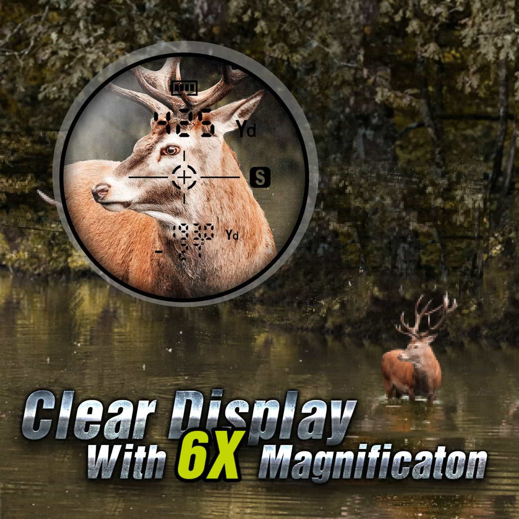 Deer with antlers in lake, 6x magnification, 3-1000yd range, fast readings, lightweight, durable, easy to use, user-friendly, camo pattern.