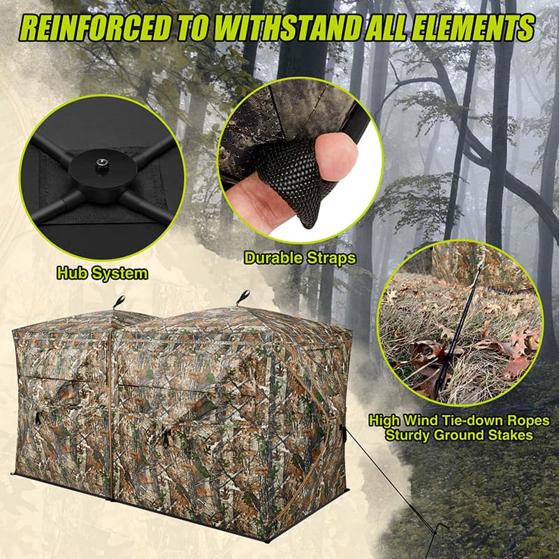 TideWe 4-6 Person Turkey Hunting Blind with see-through camo design and double doors, providing wide-angle view for hunters.