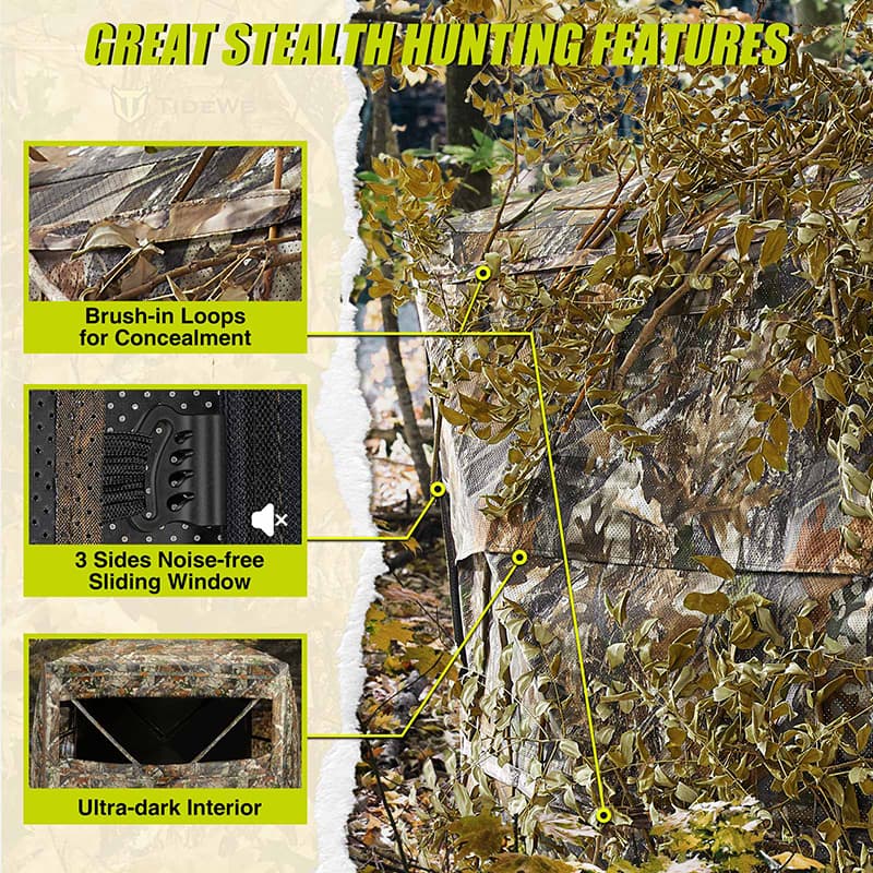 TideWe hunting blind with see-through camo, round object, black strap, and yellow text on leaves background.