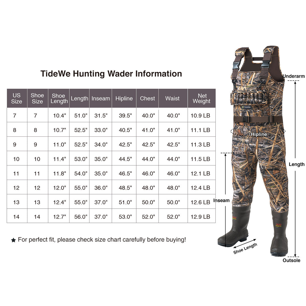 Tidewe Hunting Wader Size Chart