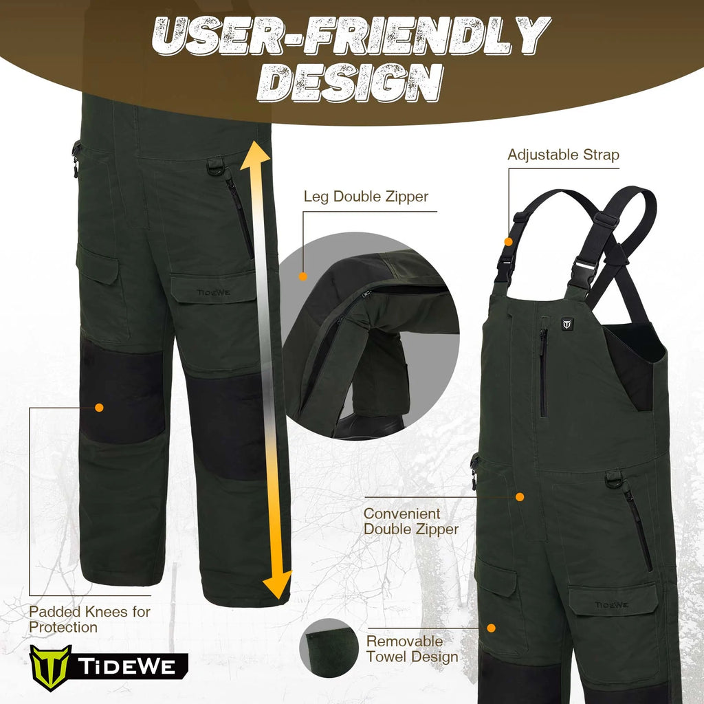 Men's Insulated Heated Fishing Waterproof Bibs with Battery: Collage of pants, green bag, close-up of leg, logos, and fabric.