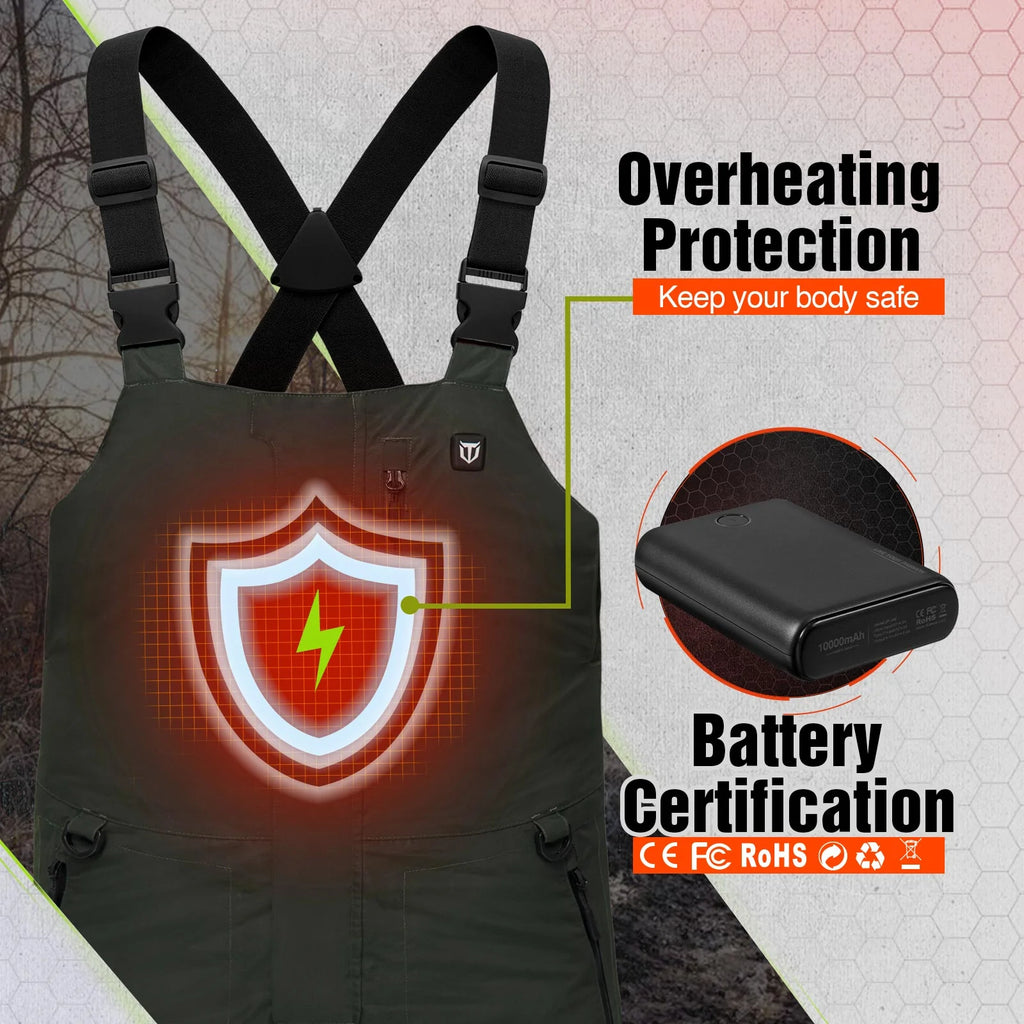 Men's Insulated Heated Fishing Waterproof Bibs with Battery: Black overall with shield, lightning bolt, and battery pack.
