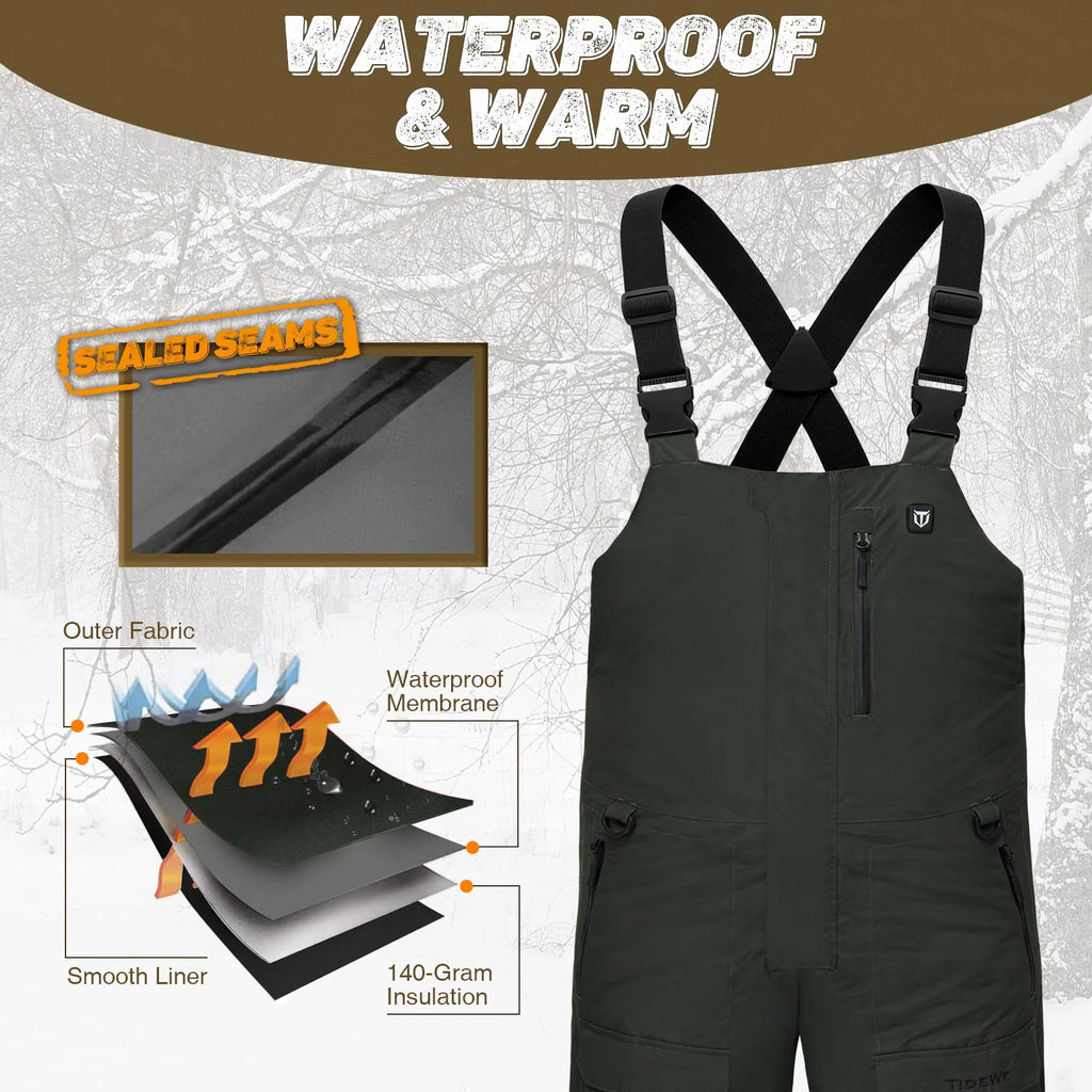 Men's Insulated Heated Fishing Waterproof Bibs with Battery, featuring adjustable heat settings and waterproof fabric diagram.