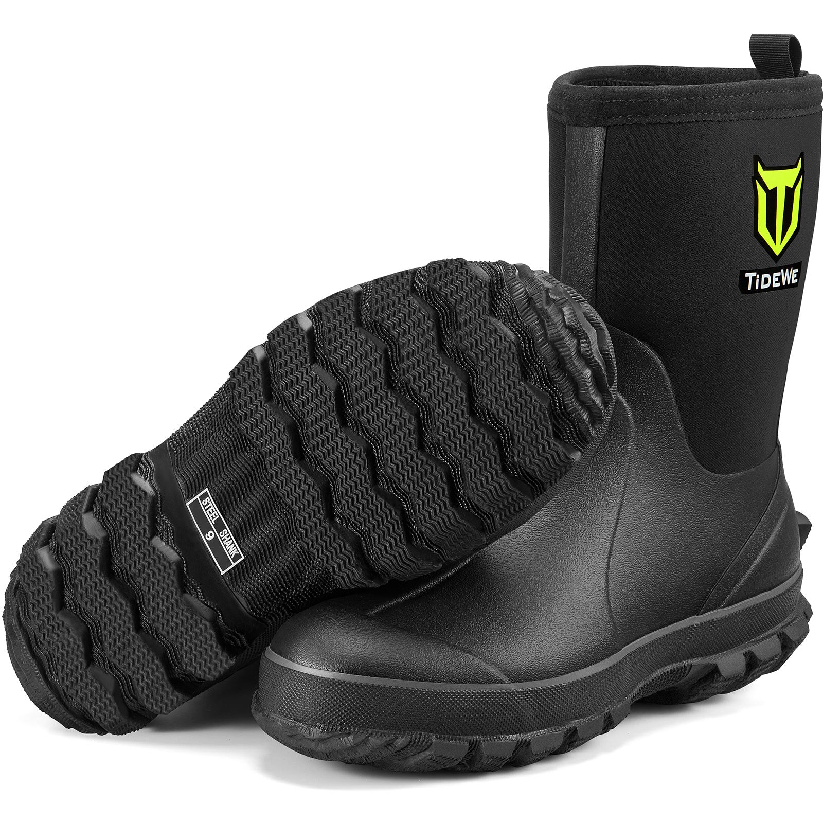 TideWe Rubber Boots for Men, Waterproof Neoprene Insulated Rain Boots, Mid Hunting Boots Outdoor Work Shoes, Black / 5