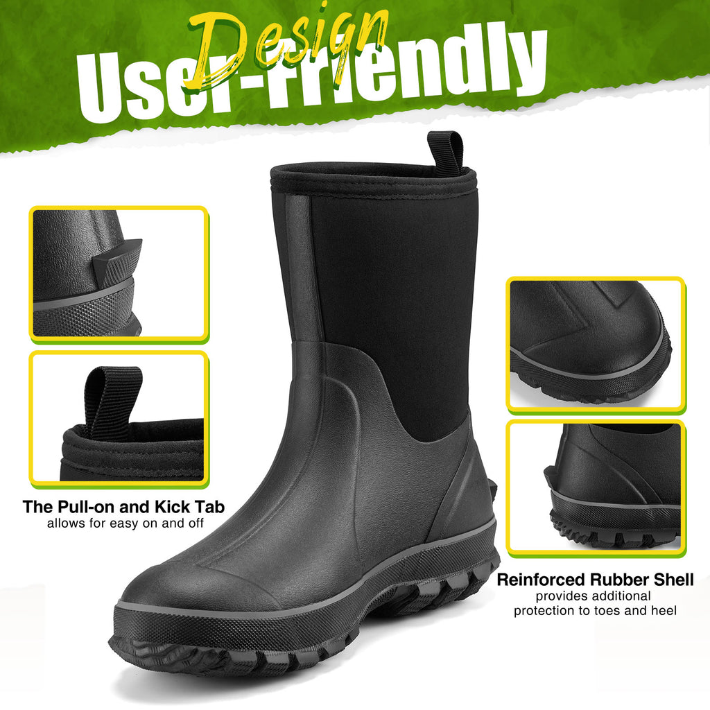 TideWe Rubber Boots for Men, Waterproof Neoprene Insulated Rain Boots, Mid Hunting Boots Outdoor Work Shoes: Close-up of black rubber boot with text, strap, and protective features.