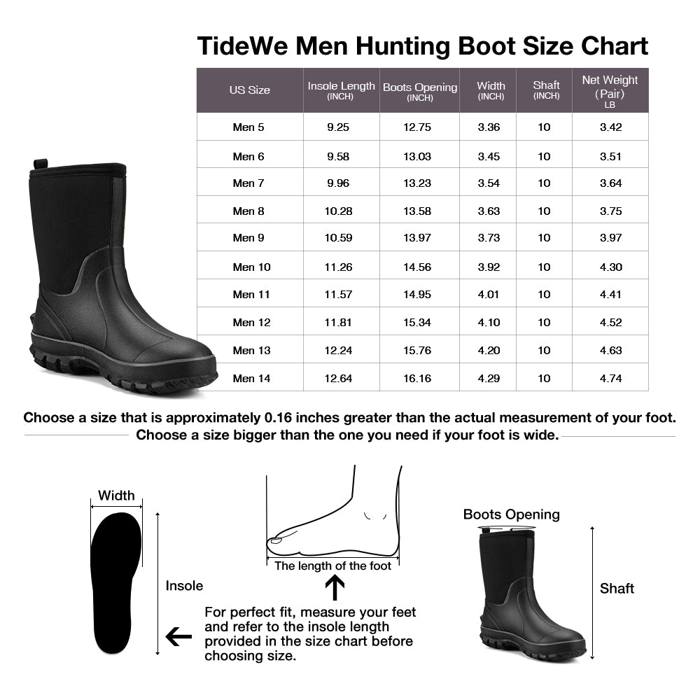TideWe Rubber Boots for Men, Waterproof Neoprene Insulated Rain Boots, Mid Hunting Boots Outdoor Work Shoes: Chart of a black boot and shadow of a leg.