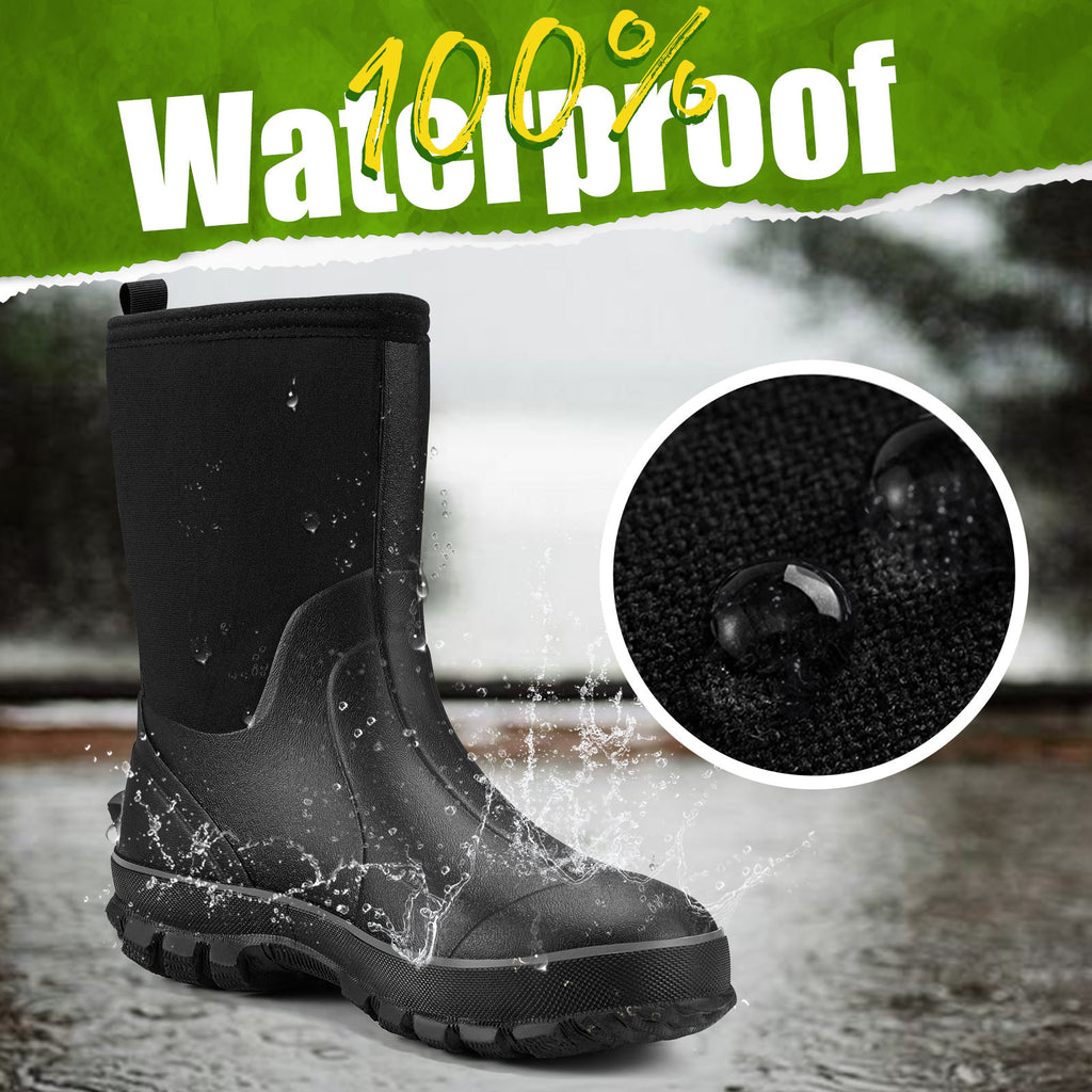 TideWe Rubber Boots for Men, Waterproof Neoprene Insulated Rain Boots, Mid Hunting Boots Outdoor Work Shoes: Close-up of black rain boot with water droplets.