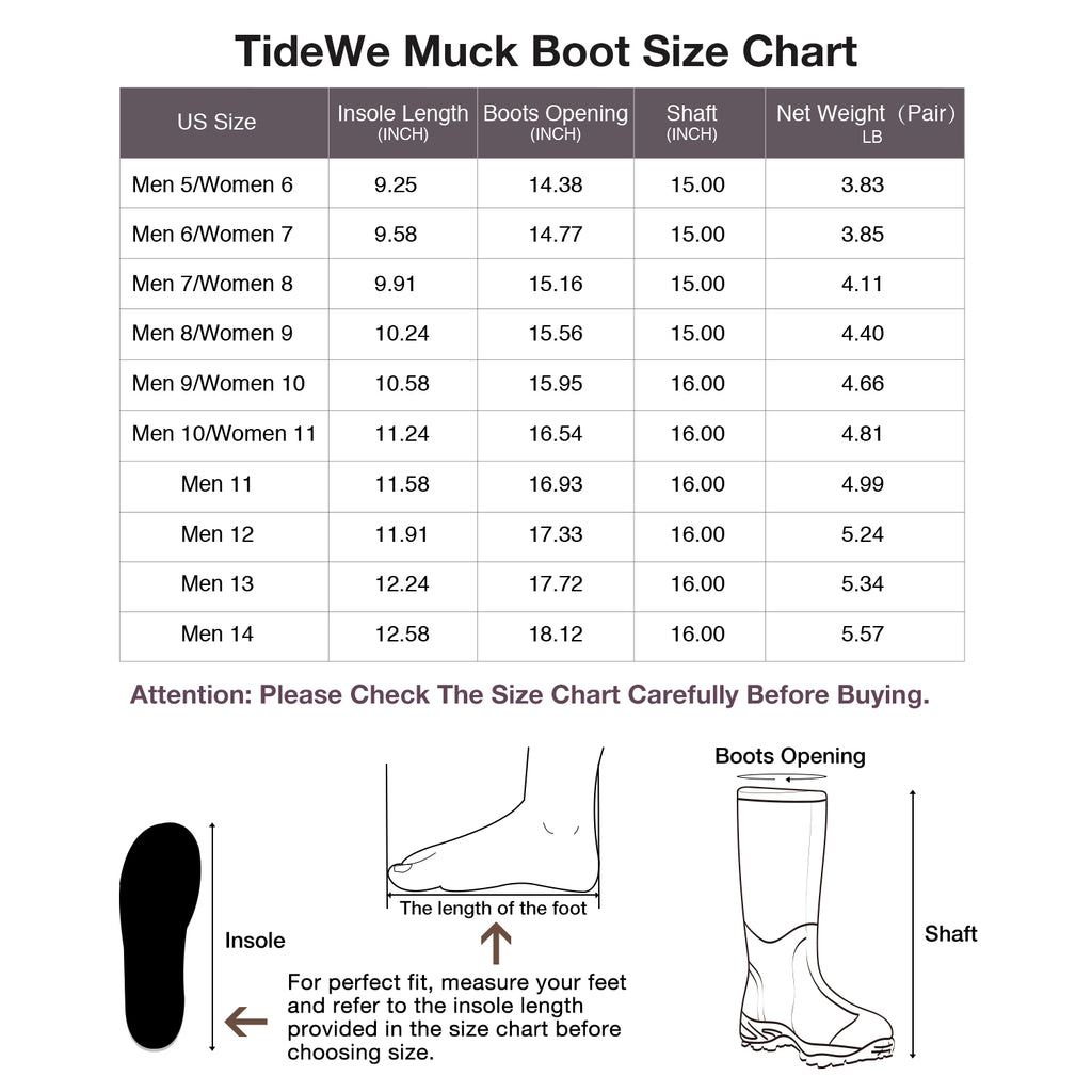 TideWe Rubber Neoprene Boots size chart and boot details for men and women, waterproof and durable, with heat-resistant insulation and lightweight design.