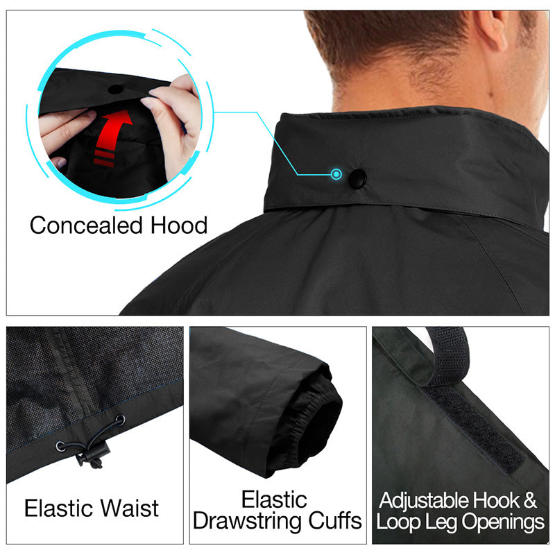 A close-up of a waterproof, breathable TideWe rain suit being opened to reveal its features.