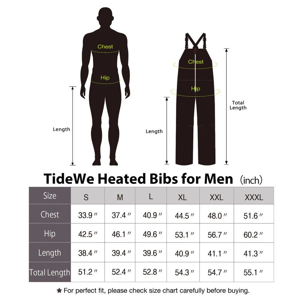 Men's Insulated Heated Fishing Waterproof Bibs with Battery: Diagram of man's body, silhouette, black pants with letters, table with sizes, grey sign, logo.