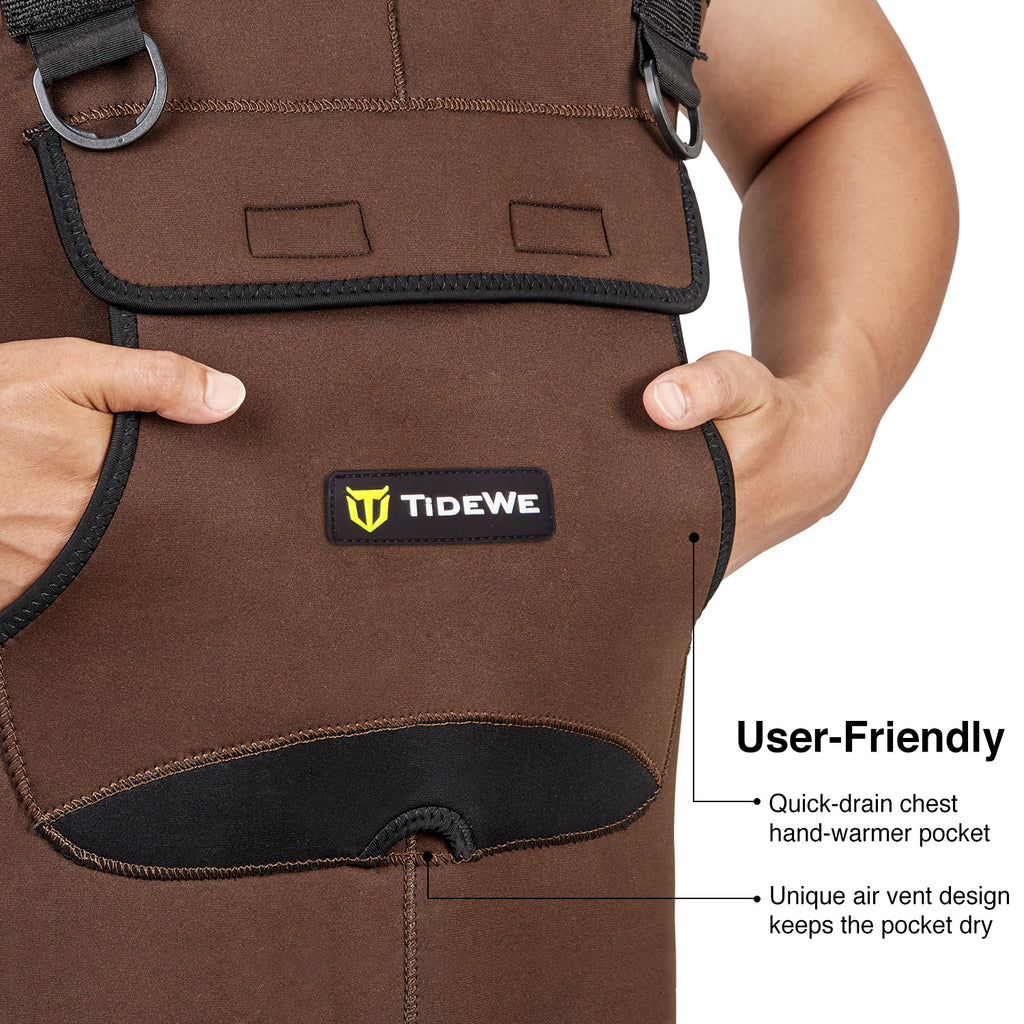 TideWe Neoprene Chest Waders for Men image: Person in brown overall, close-up label, yellow logo, fabric details, black label, solid rubber boot, adjustable neoprene suspenders, reinforced shoe vamp, rugged boot tread pattern.