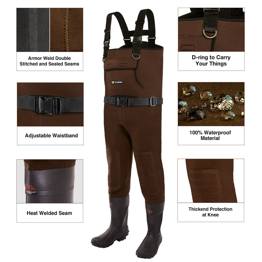 Neoprene chest waders with sturdy construction, waterproof features, adjustable suspenders, and solid rubber boots for men.