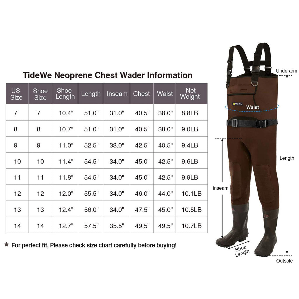 TideWe Neoprene Chest Waders for Men image: Fishing suit, boots, pants with belt, measurements, boots close-up, black strap close-up.
