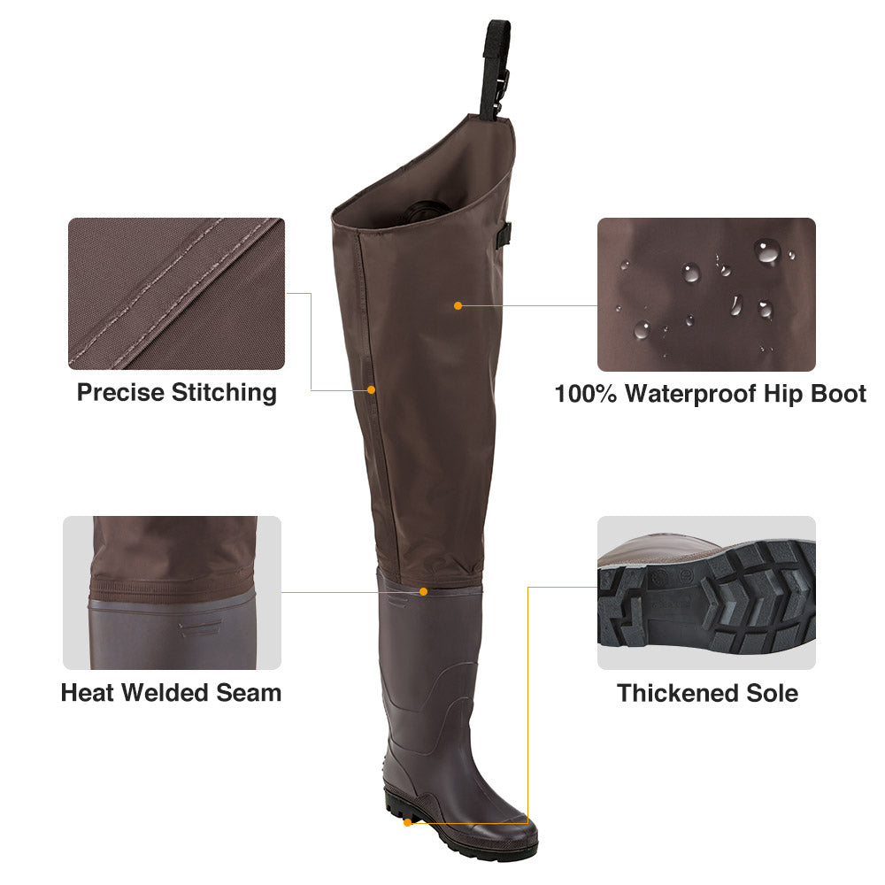 TideWe Hip Waders PVC Lightweight Fishing Hip Boots, a close-up of waterproof boot with cleated soles and adjustable belt straps.