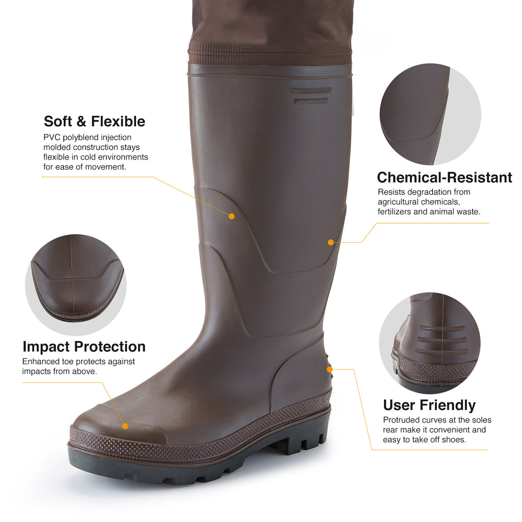 TideWe Hip Waders PVC Lightweight Fishing Hip Boots, a close-up of a brown boot with text, perfect for outdoor activities.