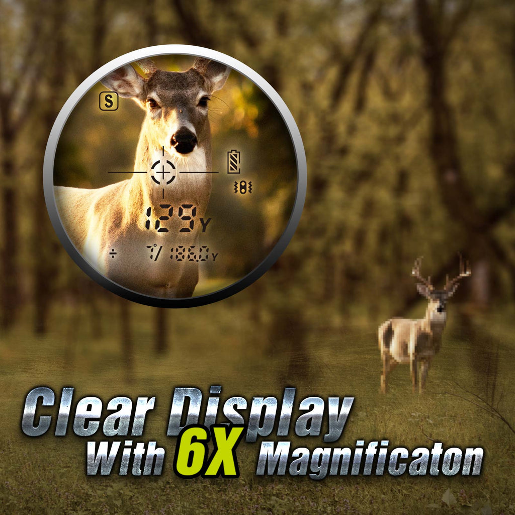 TideWe Rangefinder with LCD Display 700Y for hunting and golfing: A deer in a field, close-up with a logo and text, and a pixelated image.
